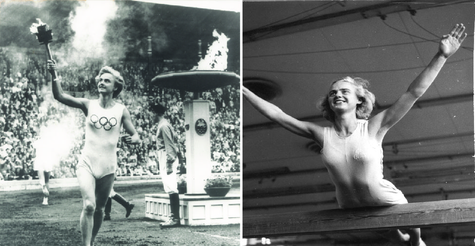 Collage på Karin Lindén när hon bär den olympiska elden och utövar gymnastik